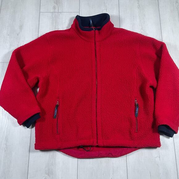 Vintage L.L Bean Men's Large Outdoors Red Sherpa Fleece Jacket Full Zip - Picture 1 of 14